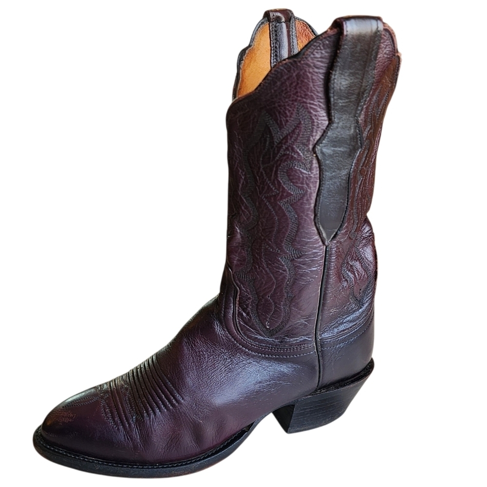 Vtg Lucchese 2000 Womens 7 C WIDE Black Cherry Calfskin Cowgirl Boots USA Made